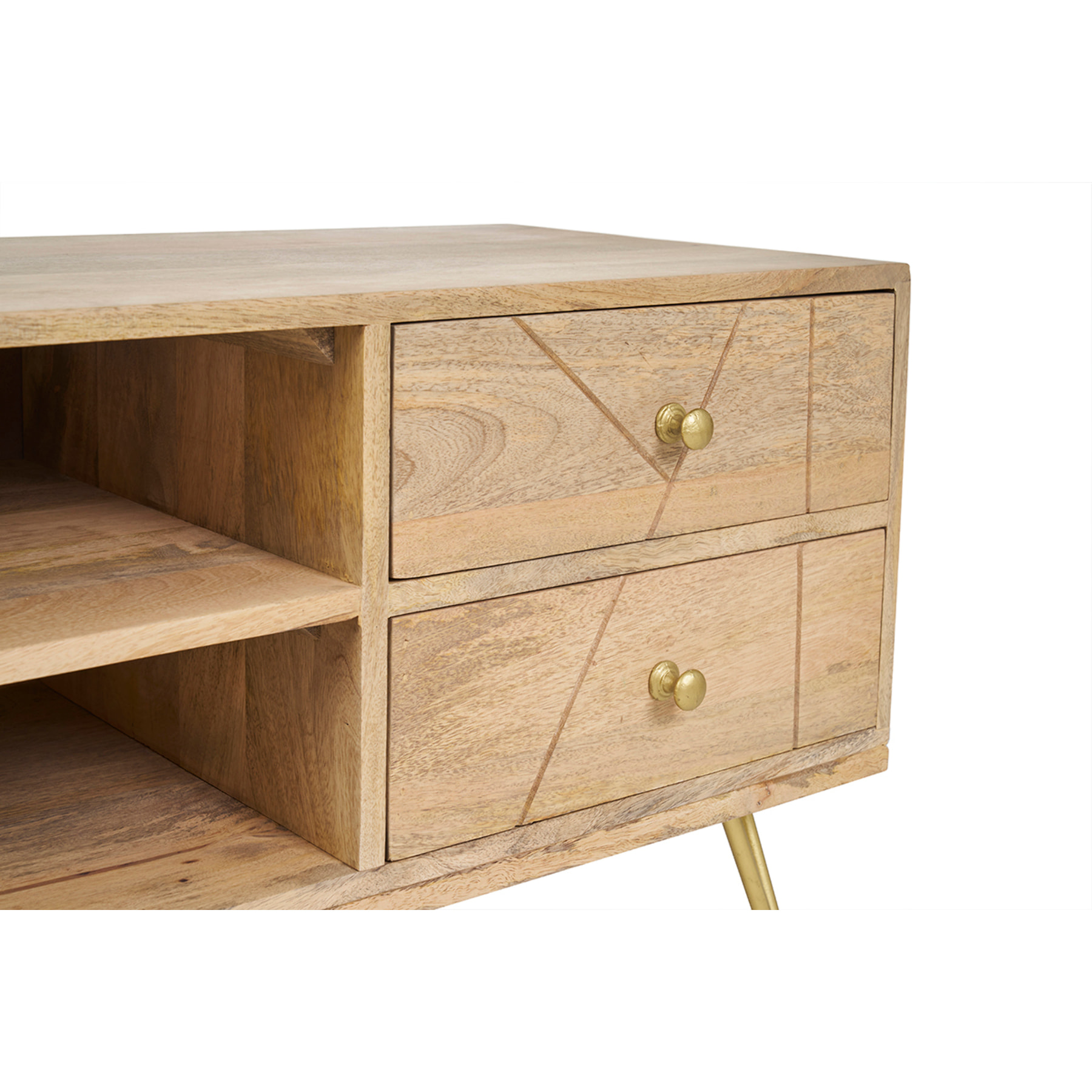 Meuble TV gravé en bois manguier massif et métal L130 LINIUM