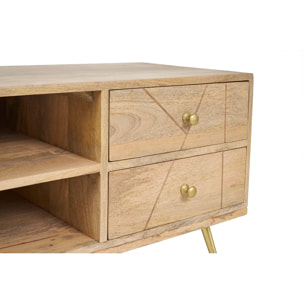 Meuble TV gravé en bois manguier massif et métal L130 LINIUM