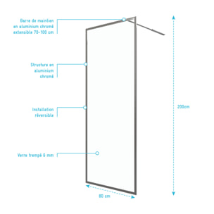 Paroi de Douche 80x200 cm - Cadre et Bras Aluminium Chrome - CHROMED CONTOURING