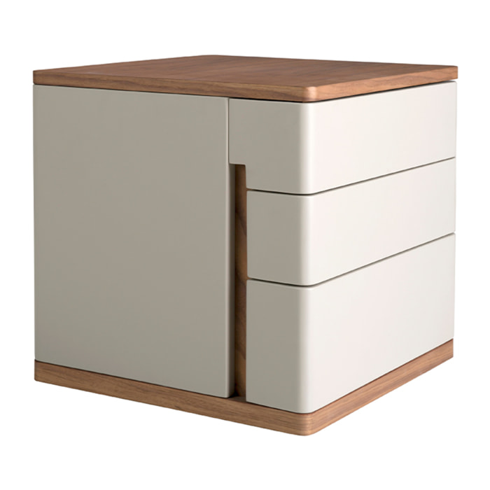 Mesita de noche con estructura de madera de MDF en gris y una base de madera chapada en nogal 46x46x45cm