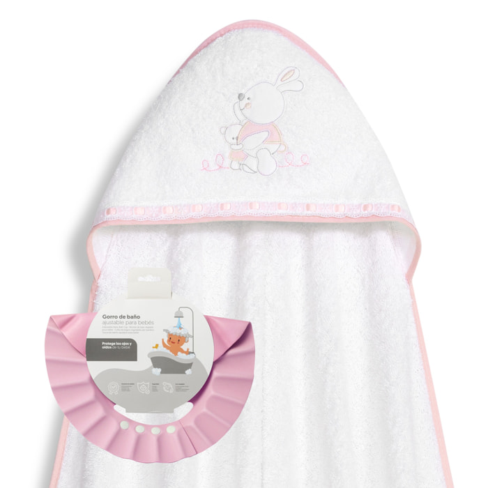 Capa Baño 1X1 Mod Conejitos Abrazos Pasacinta + Gorro Bco/Rosa