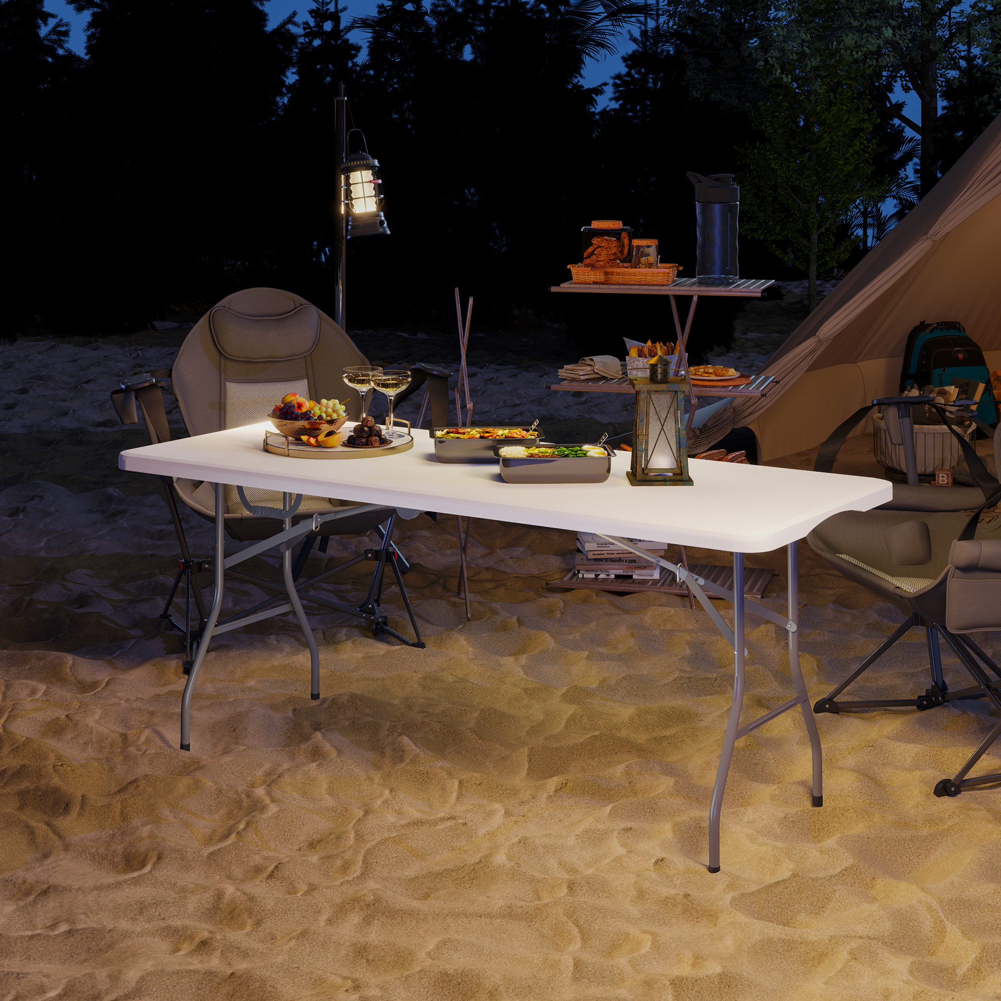 Table pliante de camping jardin dim. 180 x 74 x 74 cm avec poignée métal époxy gris HDPE blanc