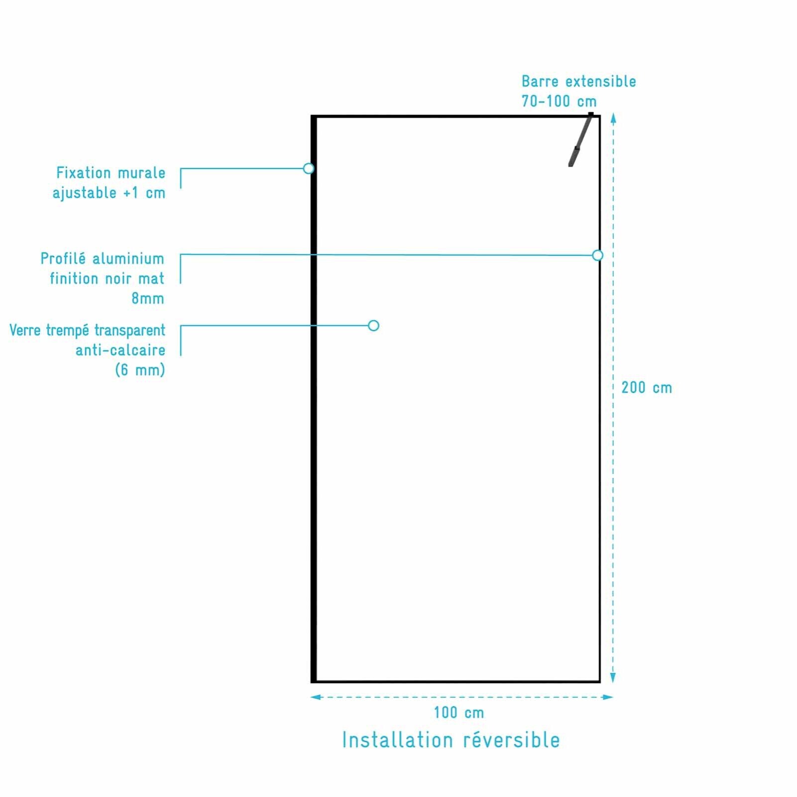 Paroi de Douche 100x200cm - Verre Anticalcaire - Encadrement Ultra-Fin - Finition Noir Mat - LEA