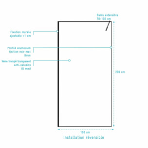 Paroi de Douche 100x200cm - Verre Anticalcaire - Encadrement Ultra-Fin - Finition Noir Mat - LEA