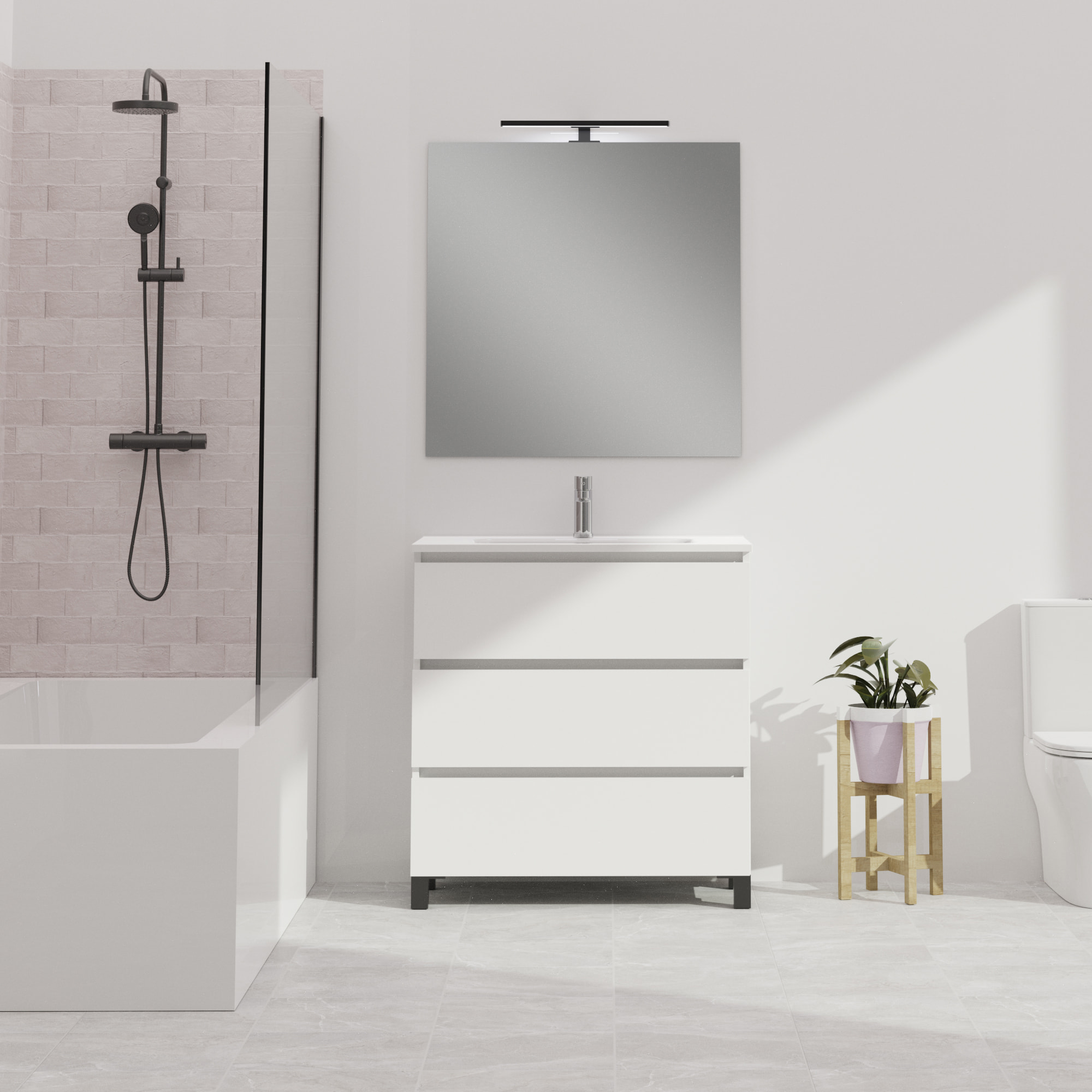Conjunto de baño Wink | 90 cm Blanco Mate | Tres cajones | Lavabo encastrado | No incluye espejo | Mueble montado | Alday