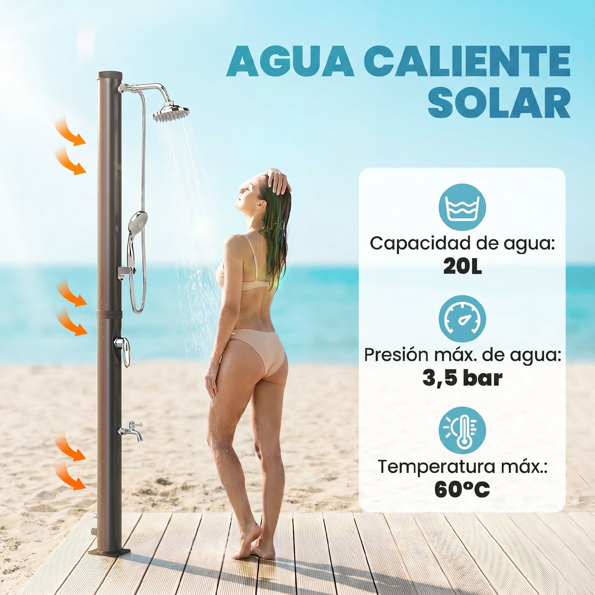 Ducha Solar de Jardín 20L Ducha Solar Exterior con Cabezal Rociador de Mano Grifo Pies Agua Fría y Caliente Máx. 60 °C Protección contra Congelamiento para Piscina Camping 42x11x215 cm Negro