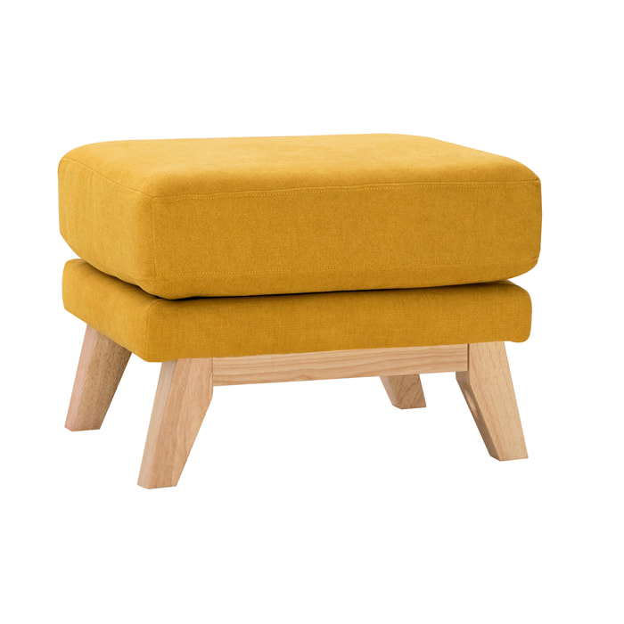 Pouf repose-pieds déhoussable scandinave en tissu effet velours jaune moutarde et bois clair OSLO