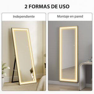 Espejo de Pie Cuerpo Entero con Luces, 165x60 cm, Espejo de Cuerpo Entero, 3 Temperaturas de Color, Brillo Ajustable, Independiente, Apoyado y de Pared, para Dormitorio, Salón, Blanco y Negro