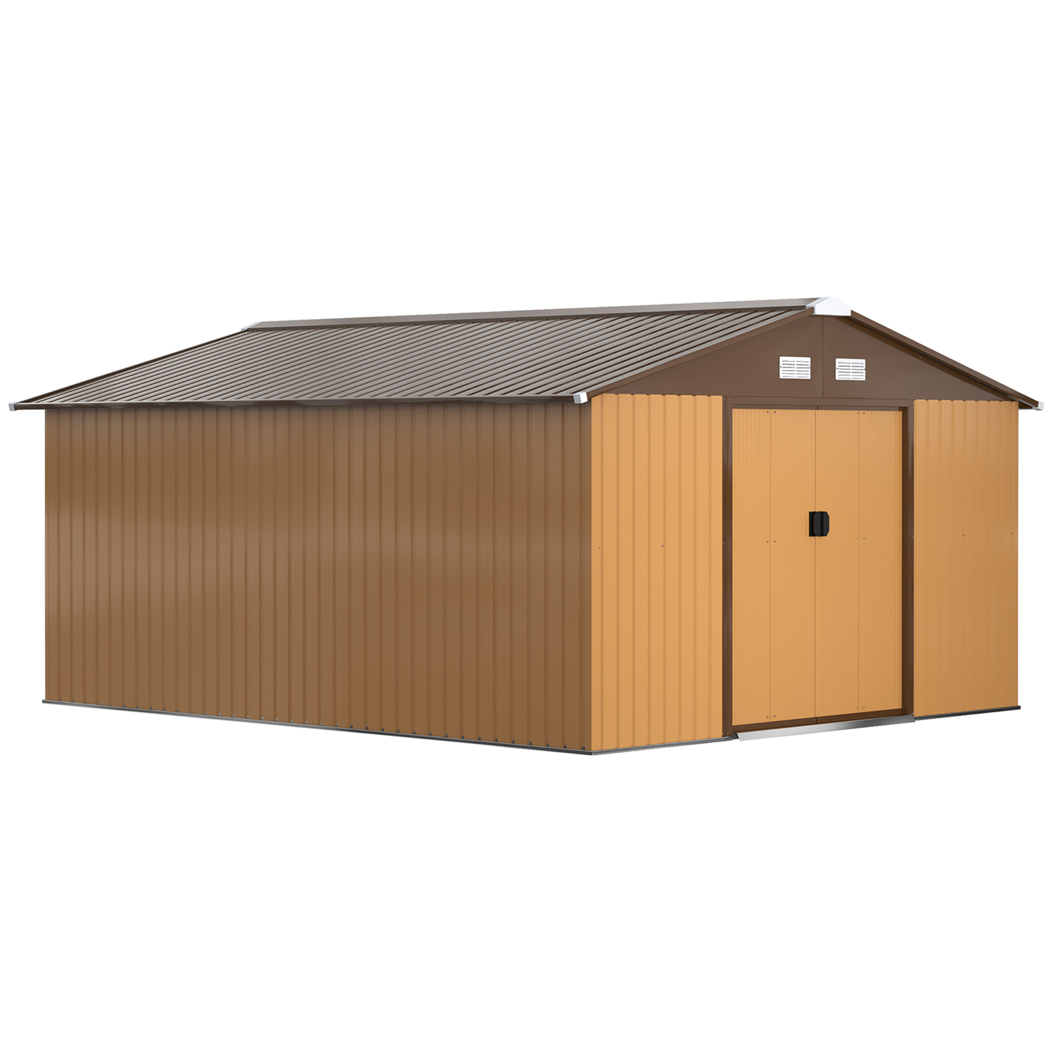 Caseta de Jardín Exterior, 12,4 m² 340x386x200 cm Cobertizo de Jardín Exterior Metálico con Puerta Corredera Base Refuerzo (Suelo NO Incluido) y Ventanas Ocre Oscuro