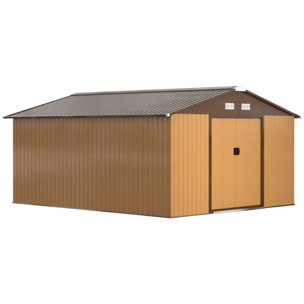 Caseta de Jardín Exterior, 12,4 m² 340x386x200 cm Cobertizo de Jardín Exterior Metálico con Puerta Corredera Base Refuerzo (Suelo NO Incluido) y Ventanas Ocre Oscuro