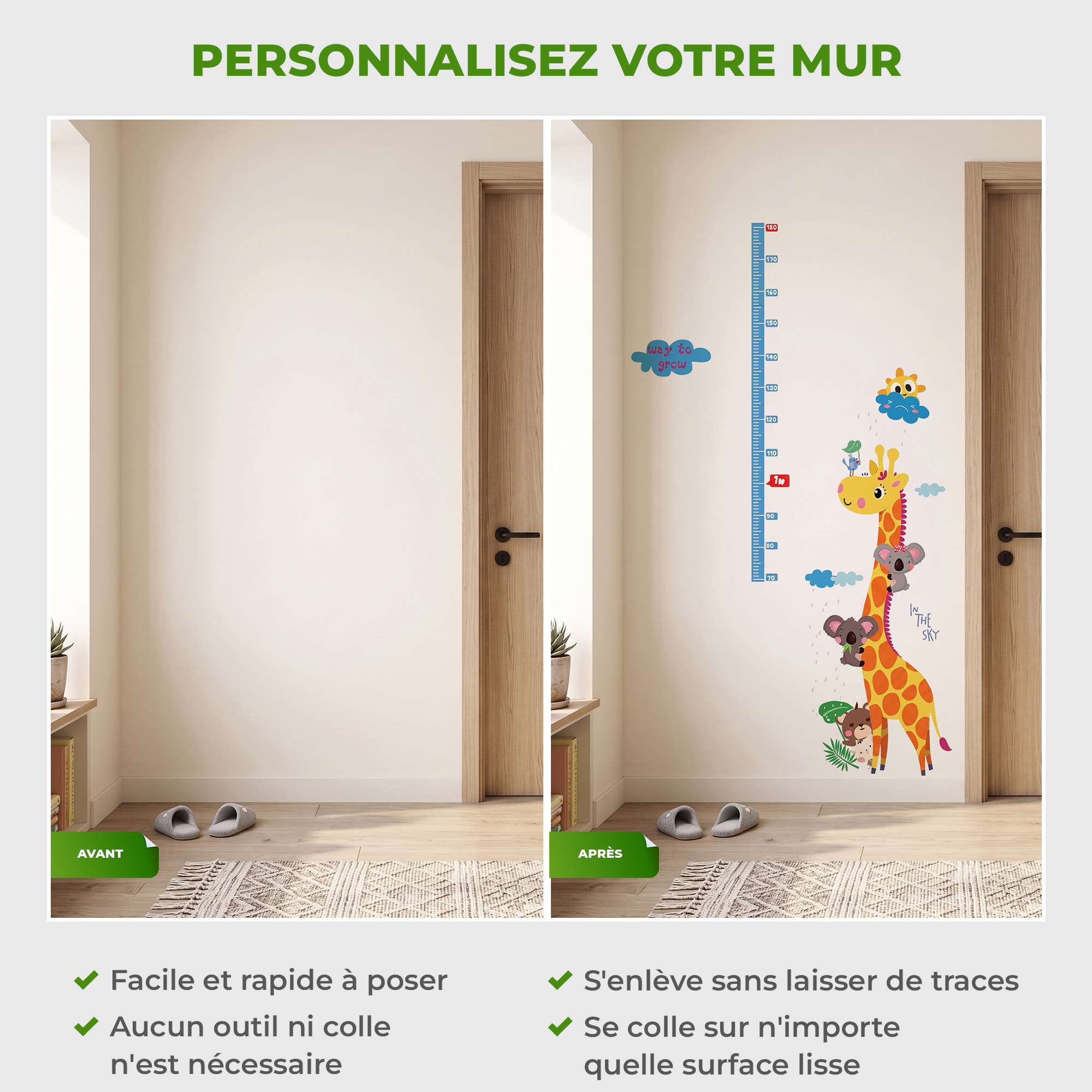 Stickers Muraux décoration adhésifs toise girafe et koalas