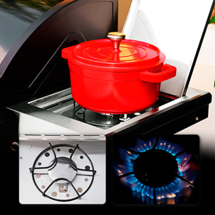 Barbacoa de gas para exteriores con 14,5 kW de potencia, compatible con butano y propano, 4 quemadores principales más 1 lateral.