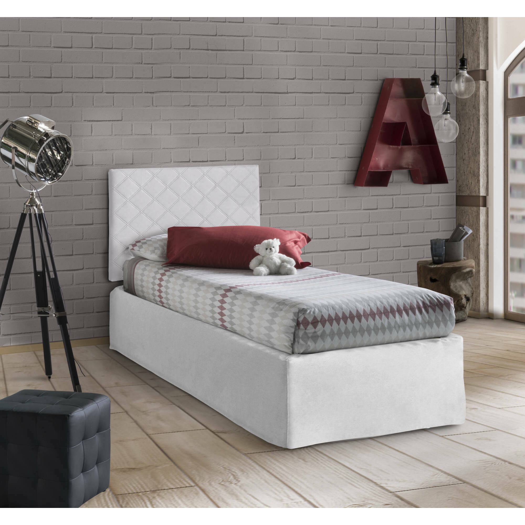 Letto singolo Accu, Set testata in ecopelle con rete ortopedica e mantovana, 100% Made in Italy, adatta a letto Singolo, per materasso da Cm 80x190, Bianco