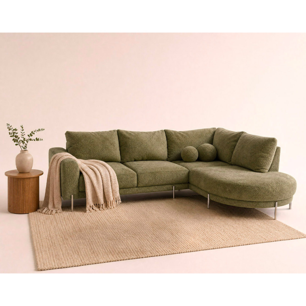 Gabin - Canapé d'angle droit 5 places en velours texturé - Vert Kaki