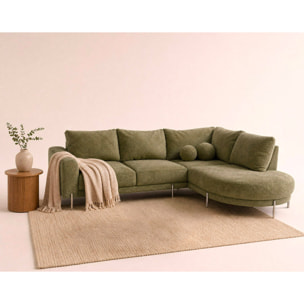 Gabin - Canapé d'angle droit 5 places en velours texturé - Vert Kaki