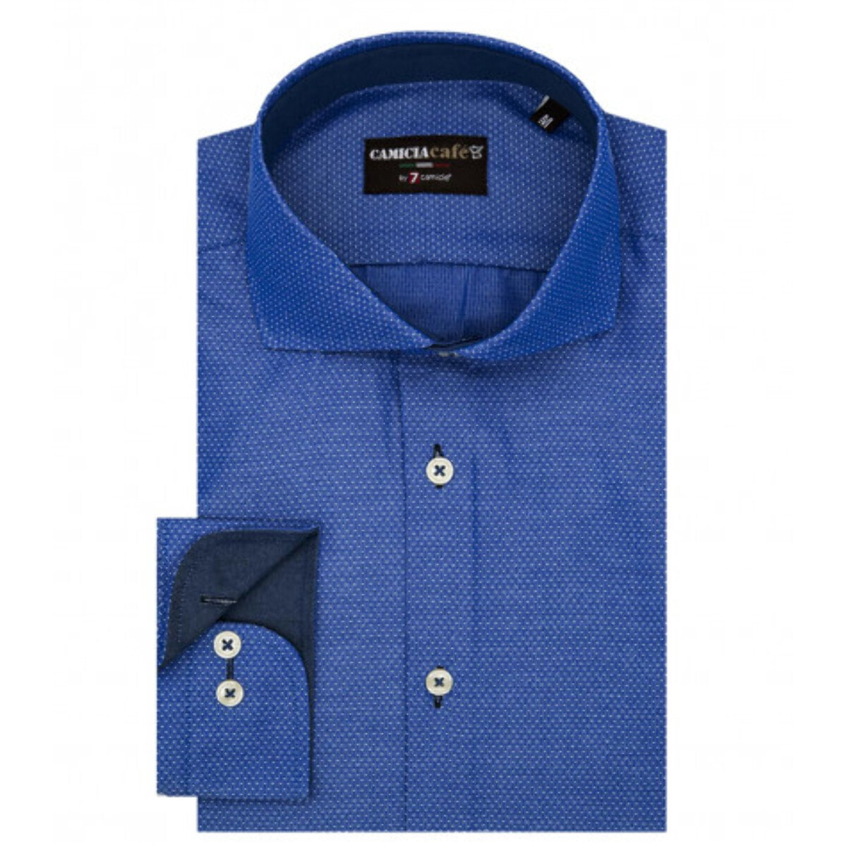Camicia Uomo 1 Bottone Francese Slim Cotone Poliestere Jacquard Blu Inchiostro