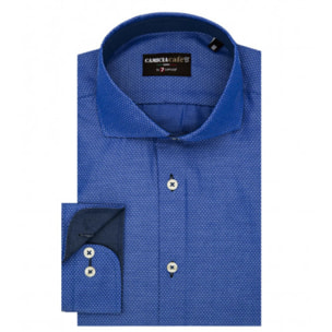 Camicia Uomo 1 Bottone Francese Slim Cotone Poliestere Jacquard Blu Inchiostro