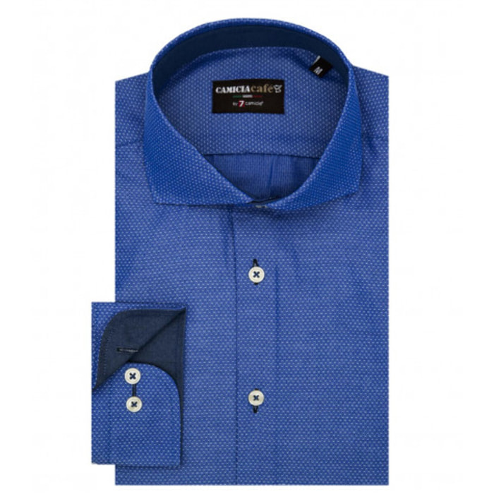 Camicia Uomo 1 Bottone Francese Slim Cotone Poliestere Jacquard Blu Inchiostro