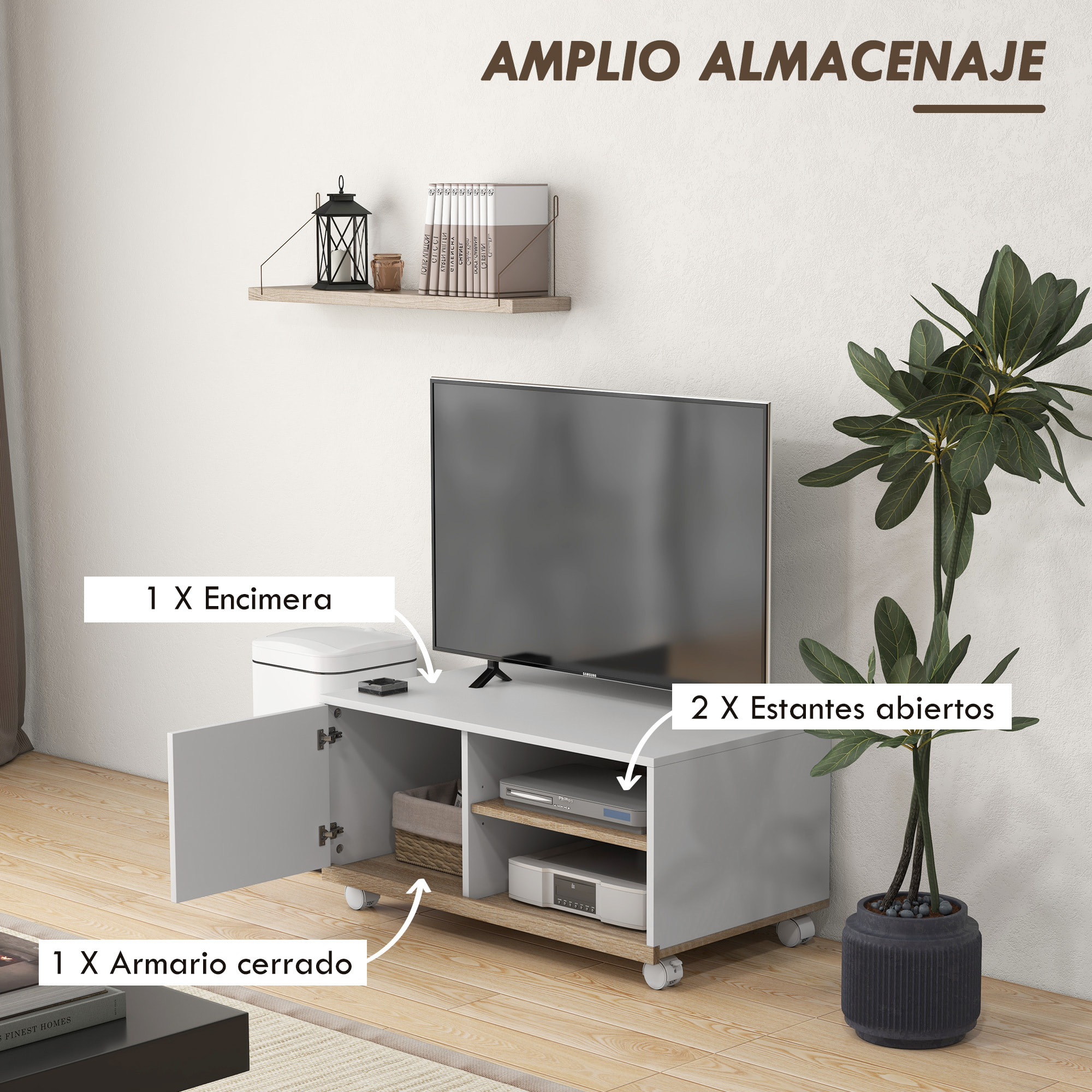 Mueble de TV con Ruedas, Mesa de TV Móvil, Mueble para Televisión hasta 32 Pulgadas, con 1 Puerta, 2 Compartimentos Abiertos, Estante Ajustable, para Salón, Comedor, Dormitorio, Blanco
