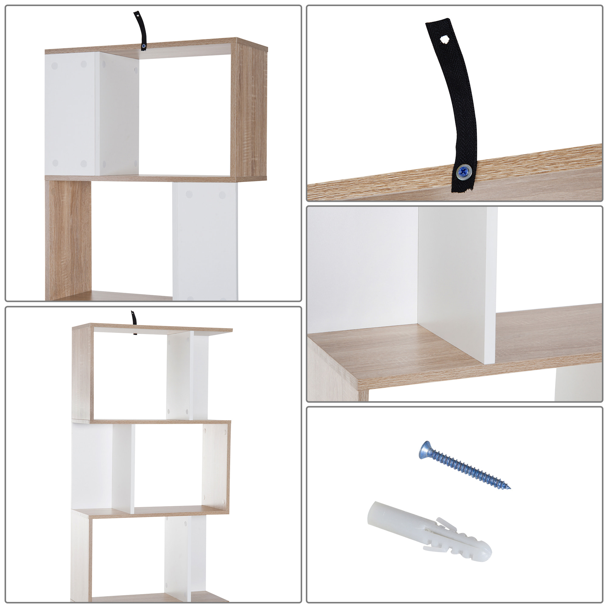 Bibliothèque étagère meuble de rangement design contemporain en S 5 étagères 60L x 24l x 185H cm effet chêne blanc