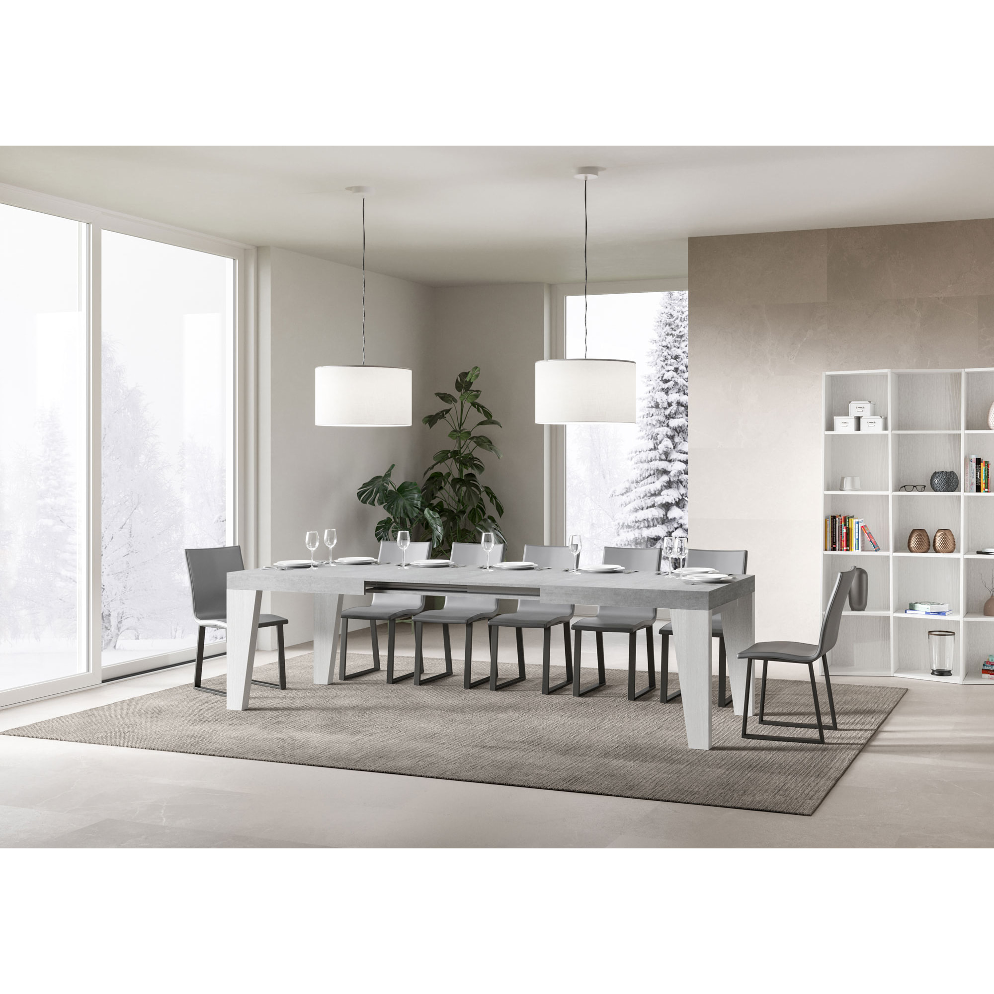 Mesa extensible 90x160/264 cm Naxy Mix tapa Cemento patas Fresno Blanco