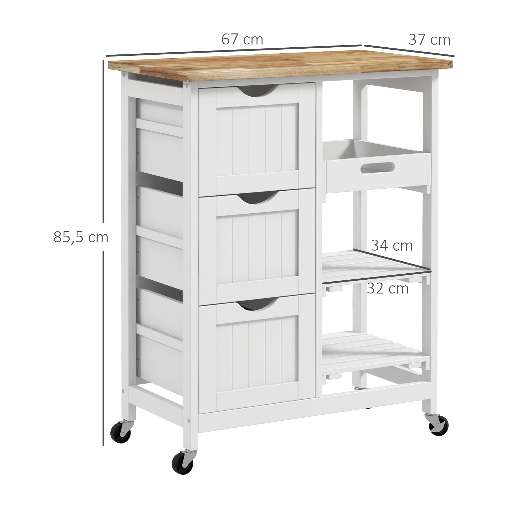 Carro de Cocina Carrito Auxiliar con Ruedas Carrito Verdulero con Tablero de Madera 3 Cajones 2 Estantes Abiertos y Bandeja Extraíble para Comedor Salón 67x37x85,5 cm Blanco