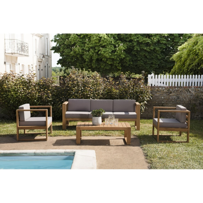 KIM - SALON DE JARDIN EN BOIS TECK : 1 Canapé 3p., 2 fauteuils avec coussins waterproof 1 table basse rectangulaire 110x60cm