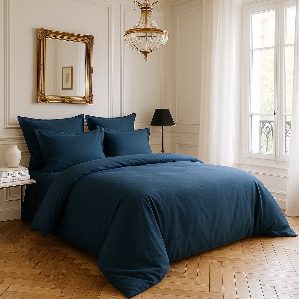 Drap Housse - Bonnet:30cm 100% Satin De Coton lavé 105 Fils Bleu Marine