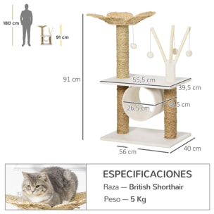 Árbol Rascador para Gatos Altura 91cm con Cama de Flor Poste 3 Palos Túnel Bolas