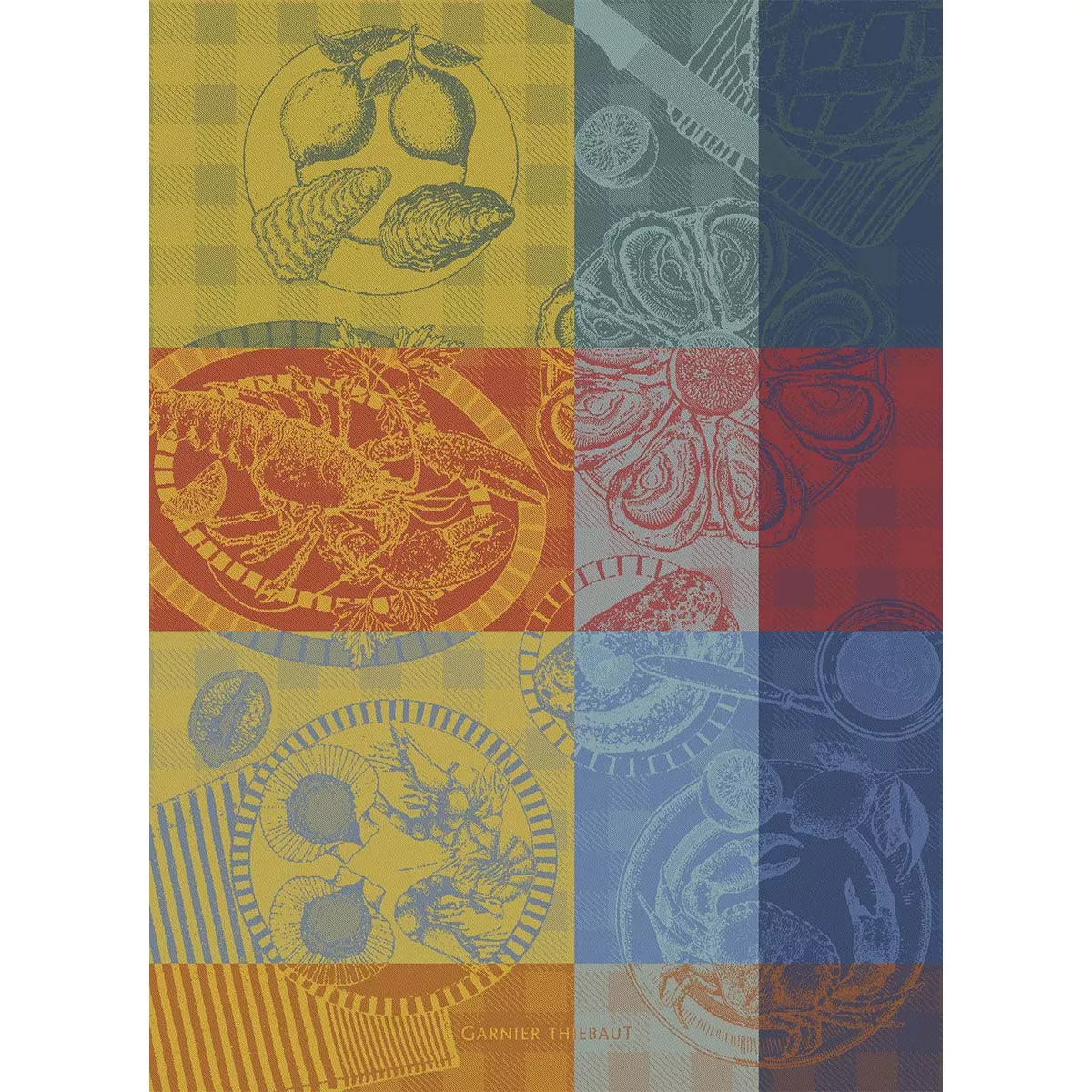 Torchon pur coton motif jacquard bleu jaune Sea food citronne