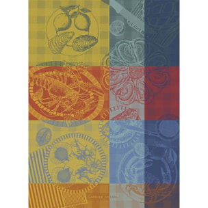 Torchon pur coton motif jacquard bleu jaune Sea food citronne