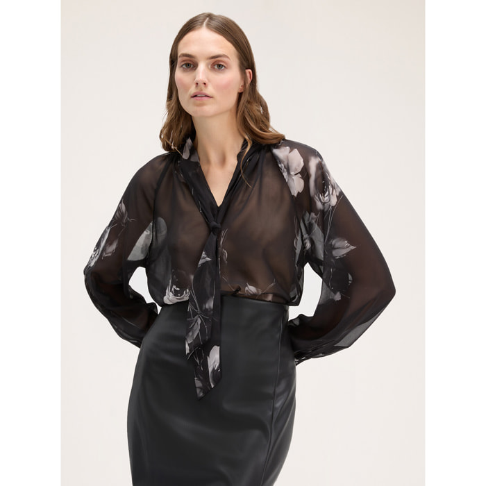 Motivi - Blusa con collo a fusciacca fantasia rose - Nero