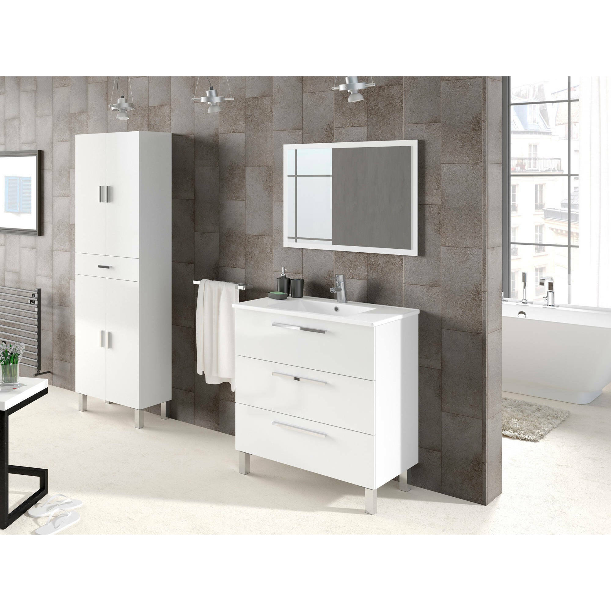 Armadio multiuso Oxnard, Mobile per bagno o lavanderia a 4 ante e 1 cassetto, Armadio multiuso portascarpe, cm 60x29h182, Bianco lucido