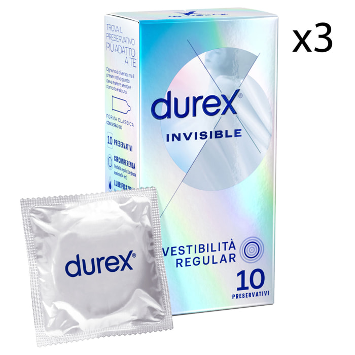 3x Preservativi Durex Invisible Extra Sottile con Forma Classica - 3 Confezioni da 10 Profilattici
