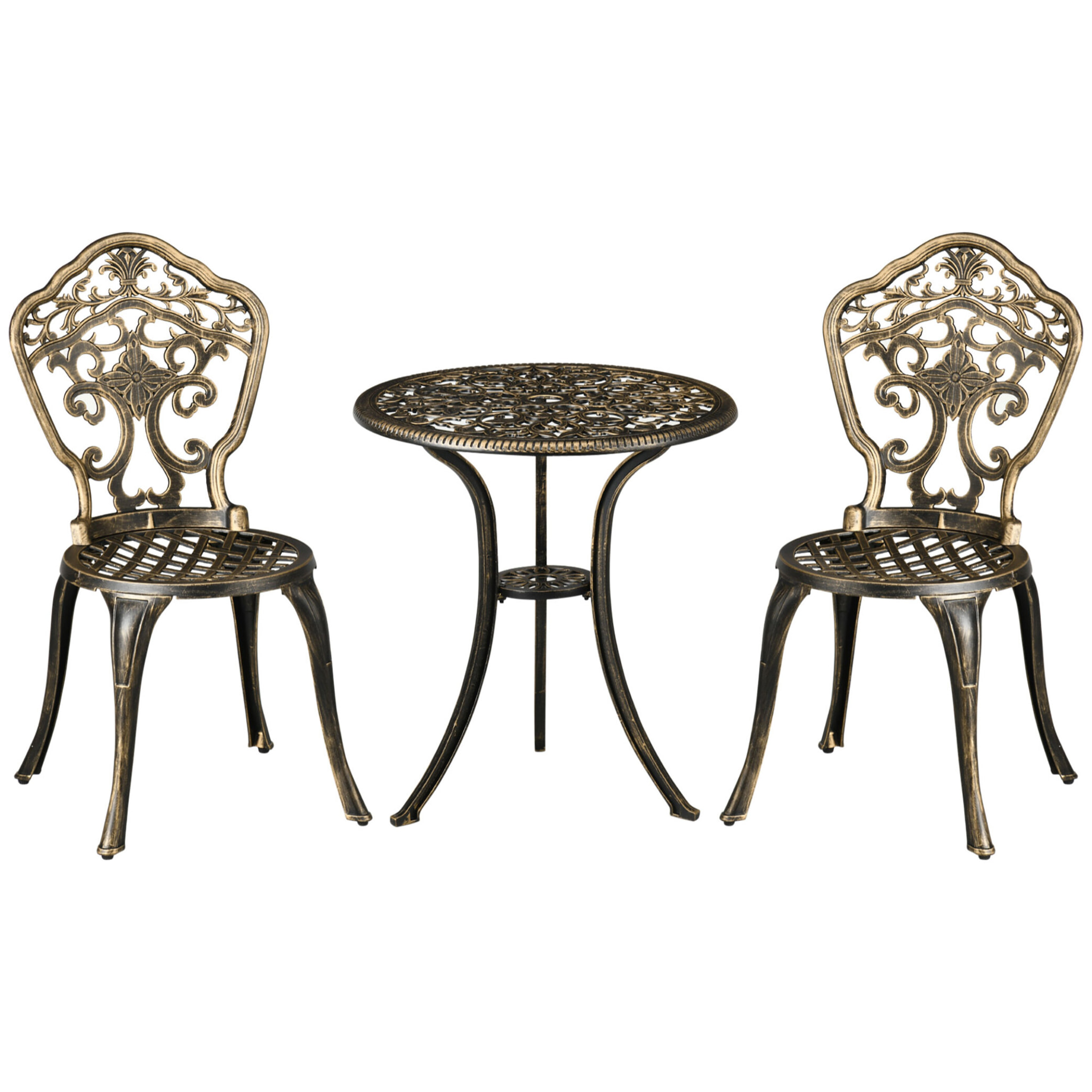 Ensemble bistrot de jardin 2 personnes 3 pièces aluminium aspect fer forgé bronze vieilli