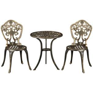 Ensemble bistrot de jardin 2 personnes 3 pièces aluminium aspect fer forgé bronze vieilli