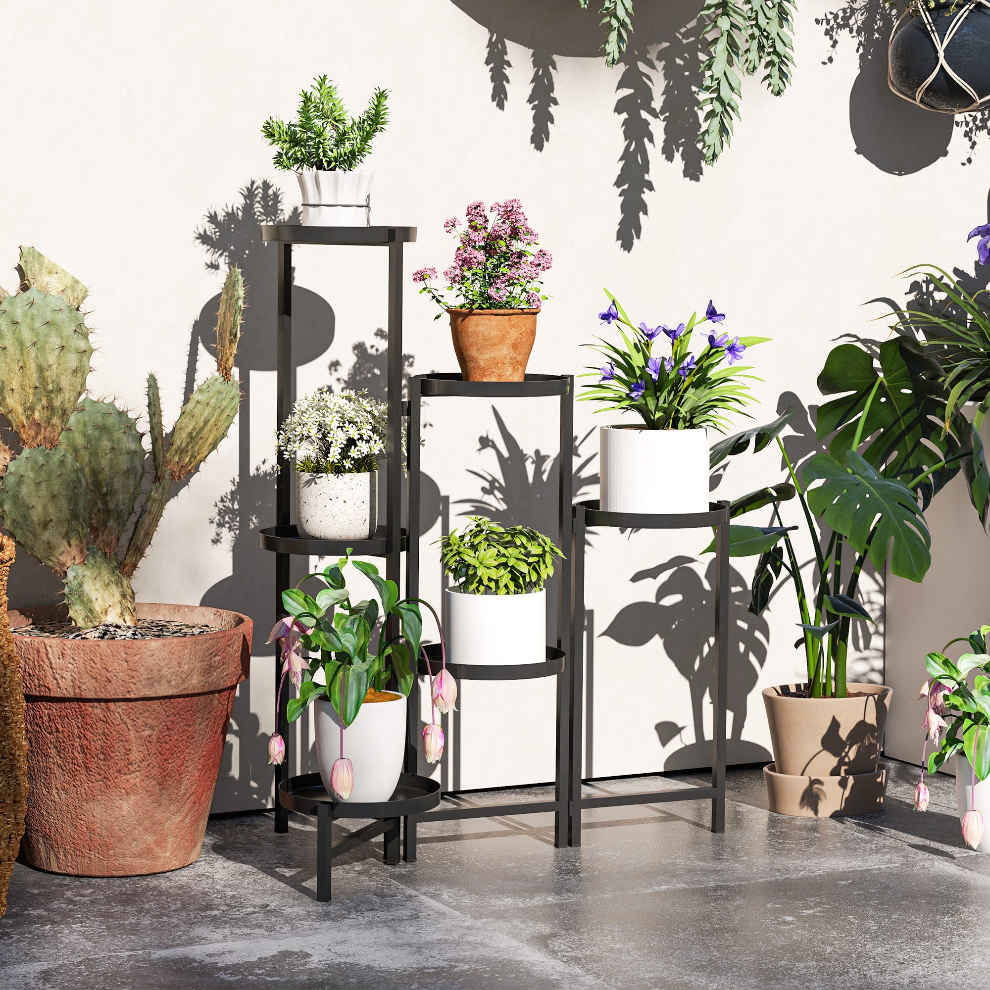 Étagère à fleurs design pliable - étagère pour plantes - 6 niveaux - métal thermolaqué noir