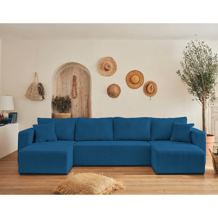 Topaze - canapé panoramique en U - 7 places - convertible avec coffre - en velours côtelé - Bleu Ardoise