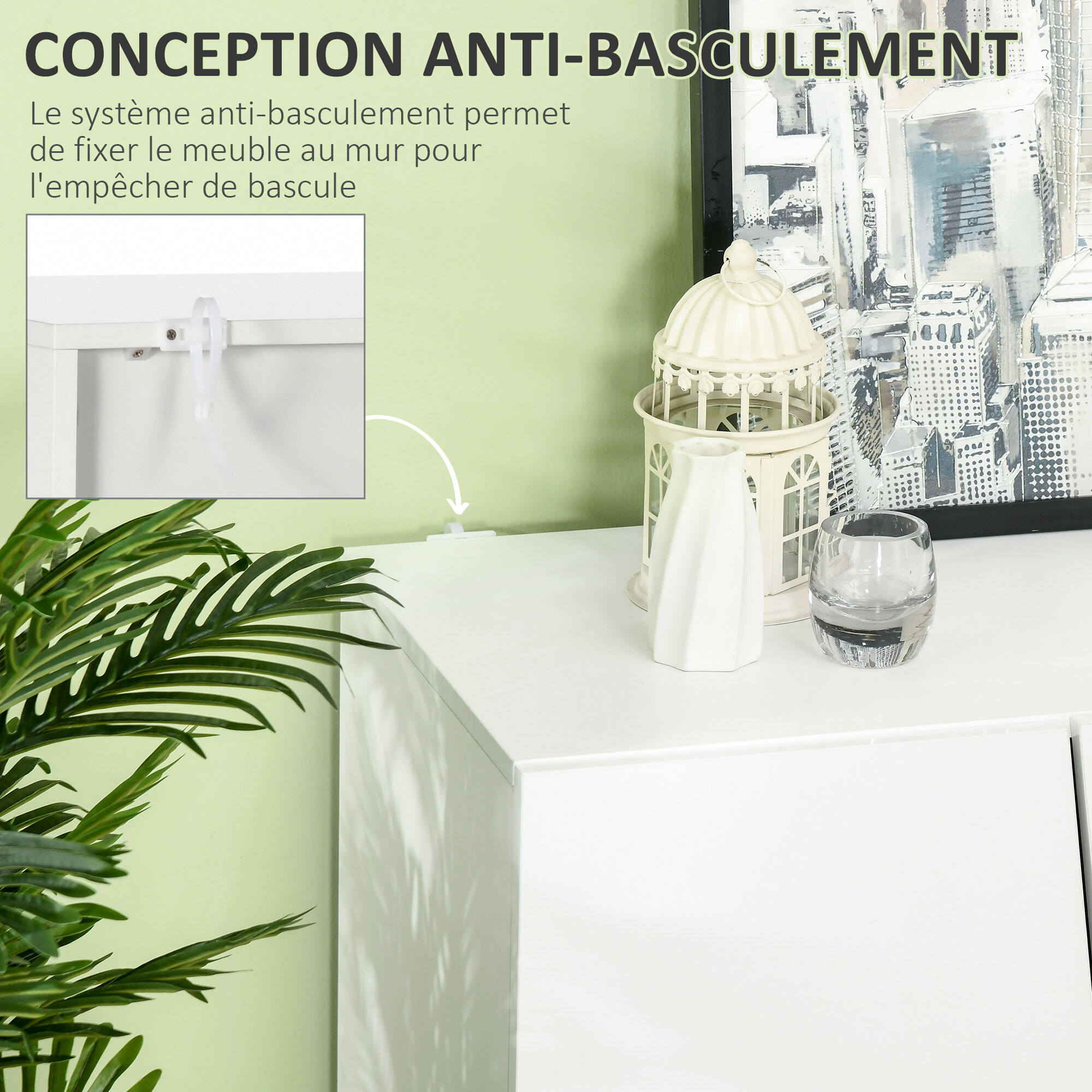 Buffet design façade blanc laqué 4 portes 2 étagères dim. 150 x 40 x 88 cm blanc