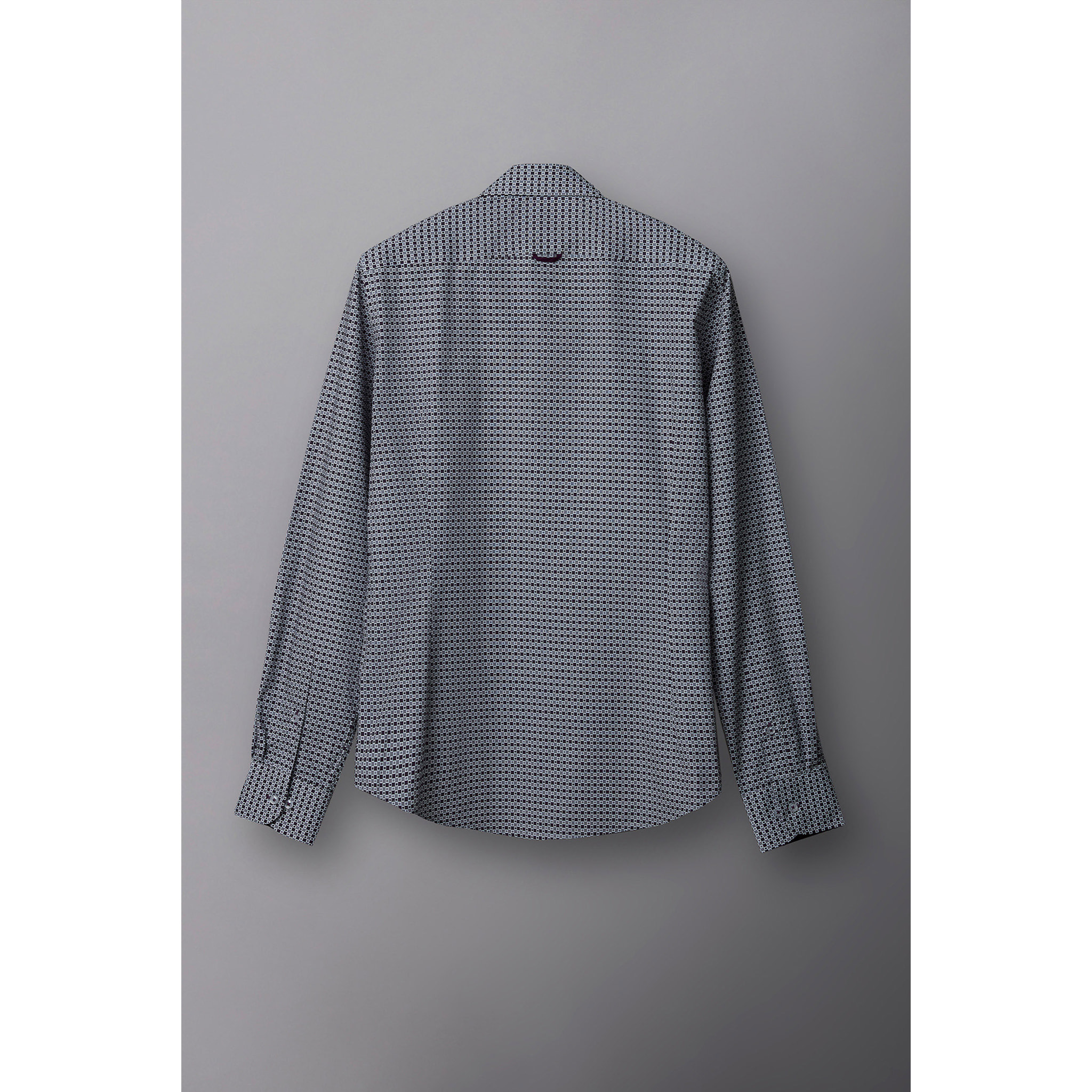 Camicia Uomo 1 Bottoni Button Down Slim Popeline Stampato Grigio Scuro Viola Melanzana
