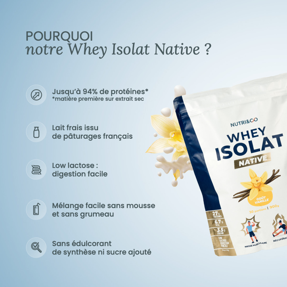 Nutri&Co Protéines Whey Isolat Native 94% en poudre - 900gr Goût Vanille
