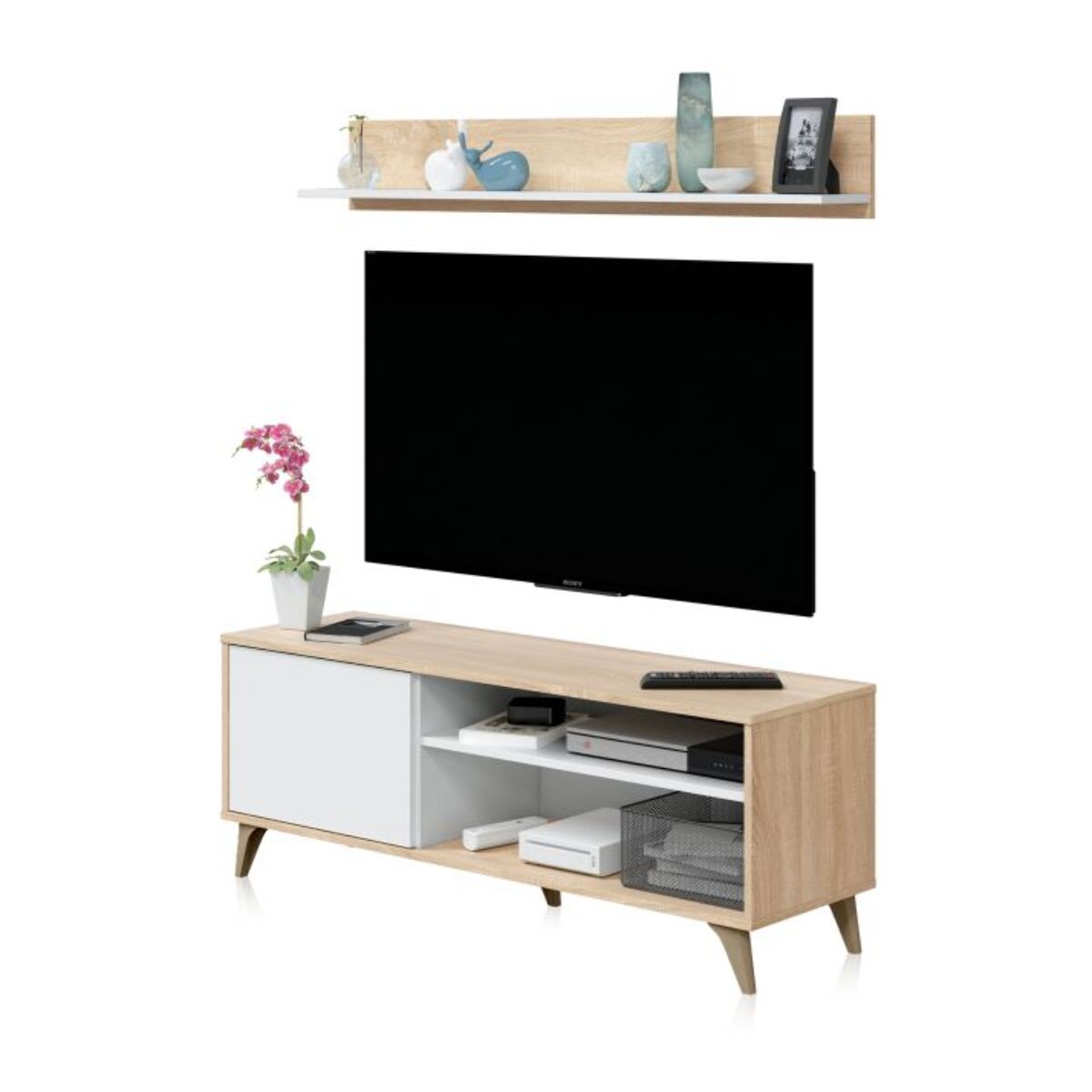 Mueble TV con estante Lira Blanco Artik (Blanco Mate) - Roble Canadian