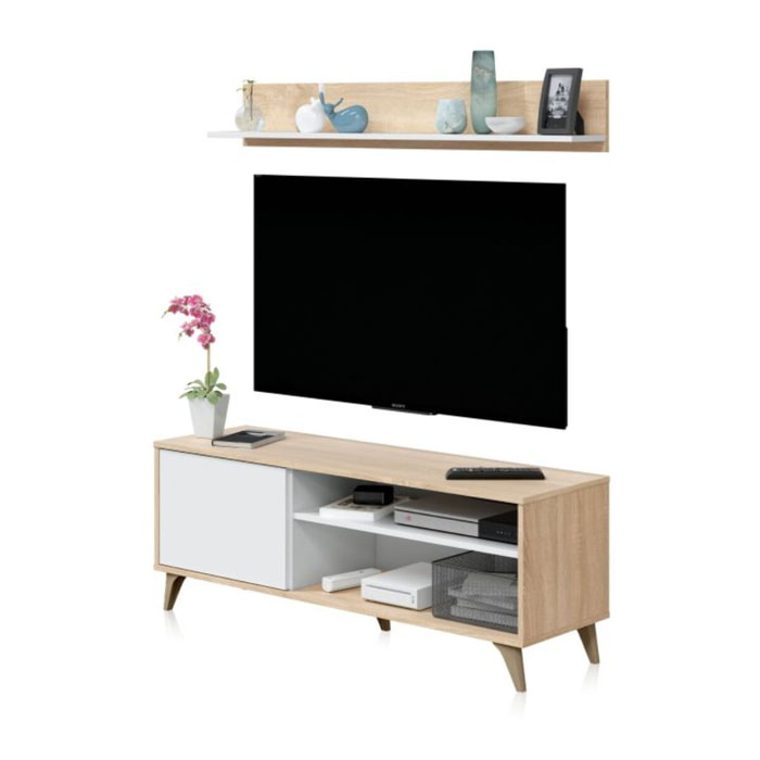 Mueble TV con estante Lira Blanco Artik (Blanco Mate) - Roble Canadian