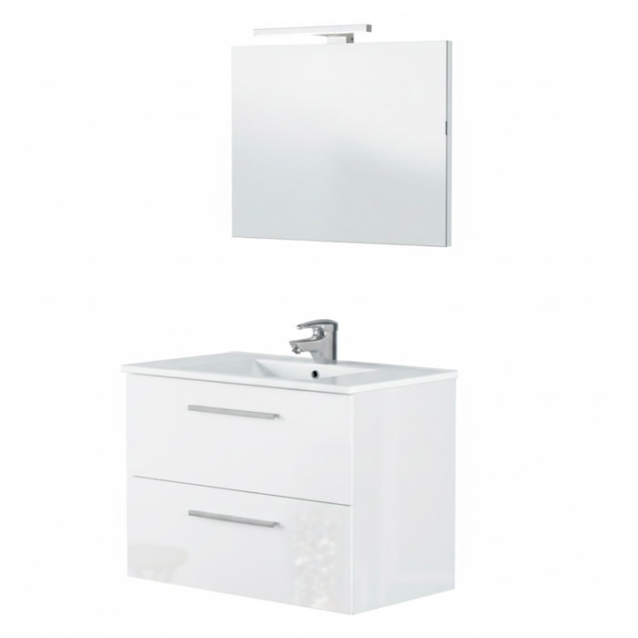 Mobile Mobiletto Bagno Sospeso Con 2 Cassettoni Lavabo in Ceramica Monoforo Con Troppopieno E Specchio Con Led Da 30 Cm 80 x 45 x 57 Cm Colore Bianco