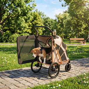 Carrito para Perros Plegable hasta 20 kg, Cochecito para Perros Medianos con Ruedas Grandes de Goma, Suspensión y Freno, Ventanas de Malla, Marco de Aluminio, Cojín, Correas, Marrón Claro
