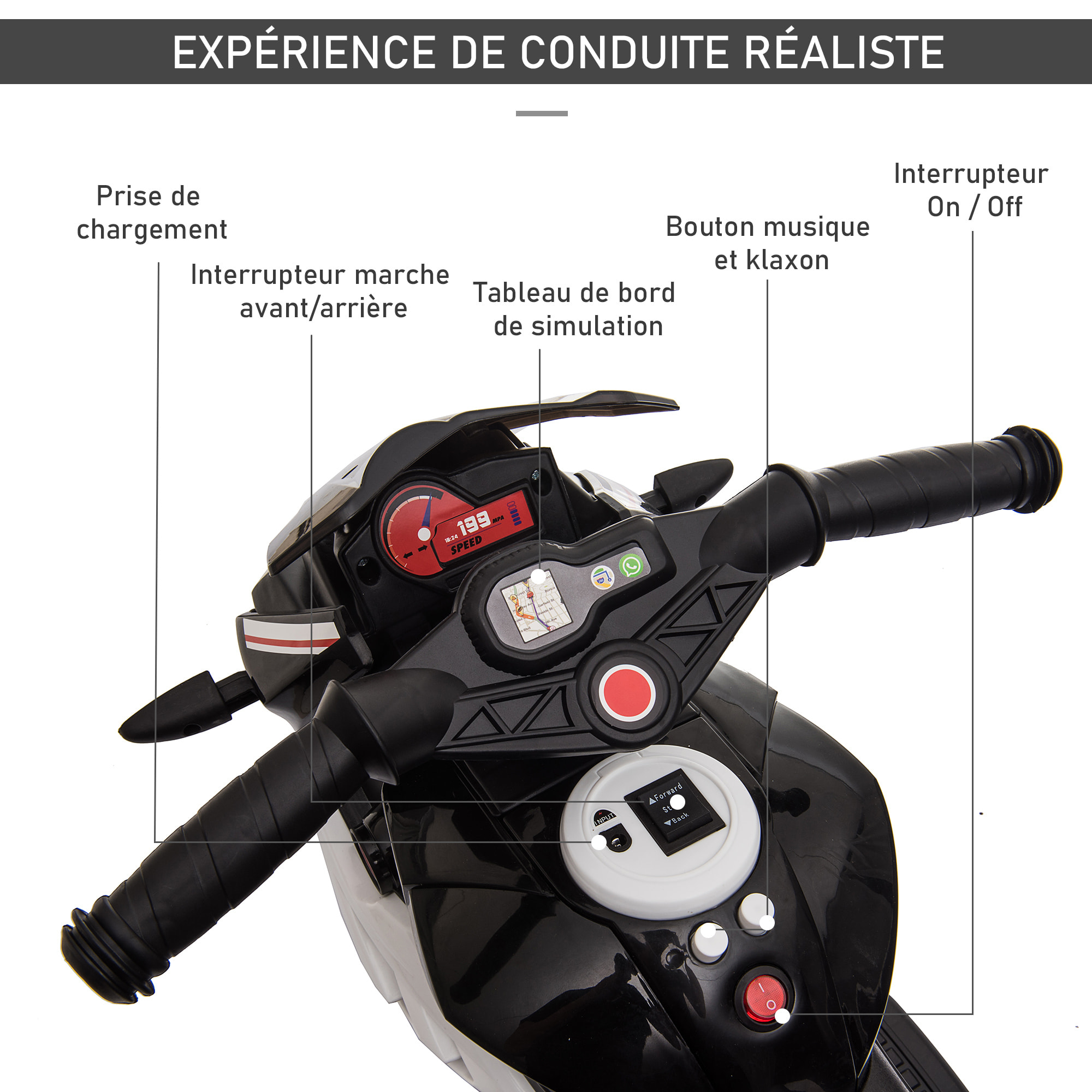 Moto électrique pour enfants 3 roues 6 V 3 Km/h effets lumineux et sonores noir