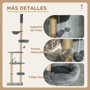 Árbol para Gatos de Suelo a Techo de 230-250 cm Árbol Rascador para Gatos con Altura Ajustable Múltiples Plataformas Cestos Hamaca Bolas Colgantes Gris