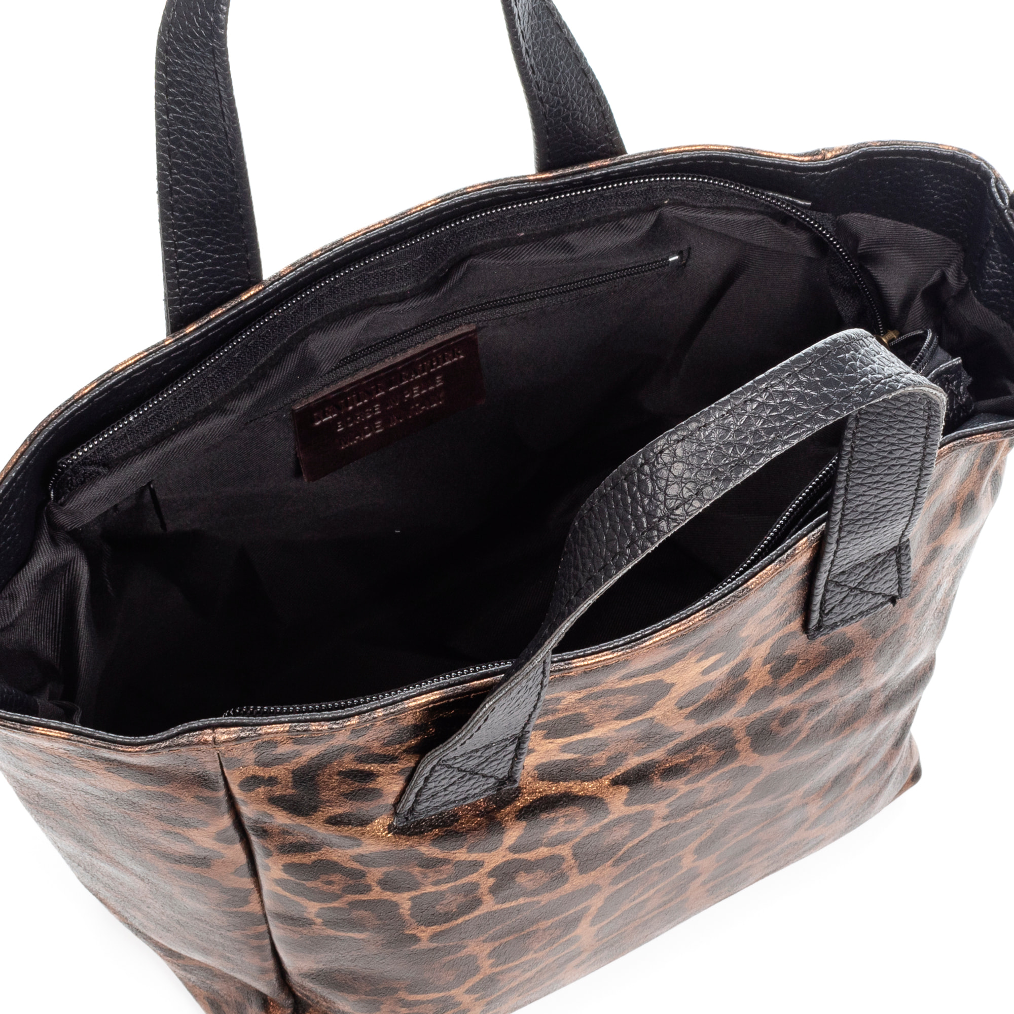 Cassandra borsa tote donna. Pelle autentica Camoscio, stampa animale leopardata, finitura lucida.