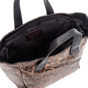 Cassandra borsa tote donna. Pelle autentica Camoscio, stampa animale leopardata, finitura lucida.