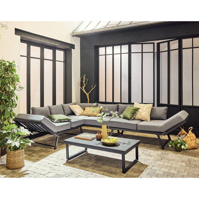 Konna - salon de jardin d'angle en acier noir - 5 places - coussin gris et table incluse - Noir / Gris
